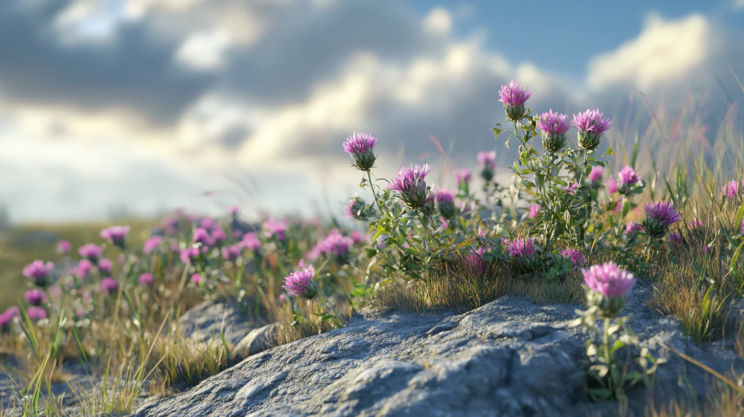 Devedikeni (Silybum marianum) bitkisi — mor-pembe çiçeği ve dikenli yaprakları