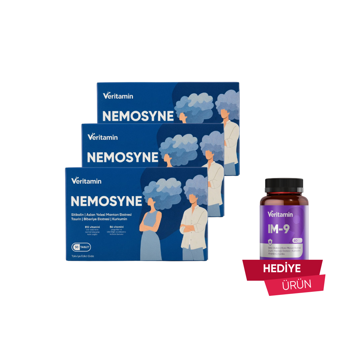 Nemosyne-Bilişsel, Hafıza ve Odak Takviyesi – Üçlü Paket ürün kutusu ön görünüm