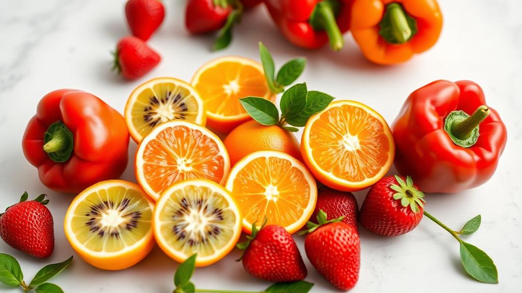C vitamini kaynağı meyveler — portakal, kivi, çilek ve kırmızı biber