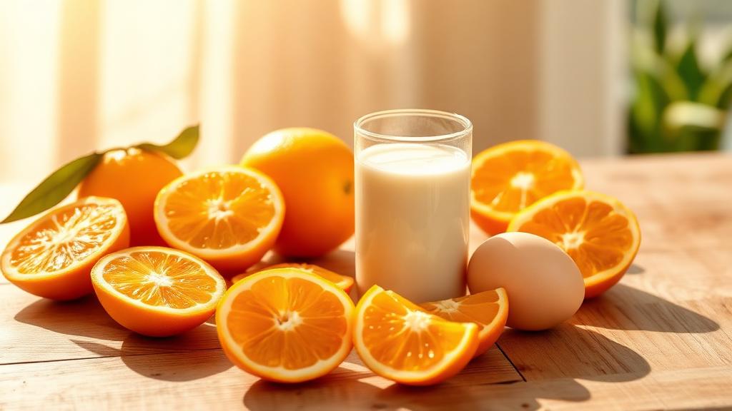 D vitamini kaynağı doğal besinler — portakal, süt ve yumurta