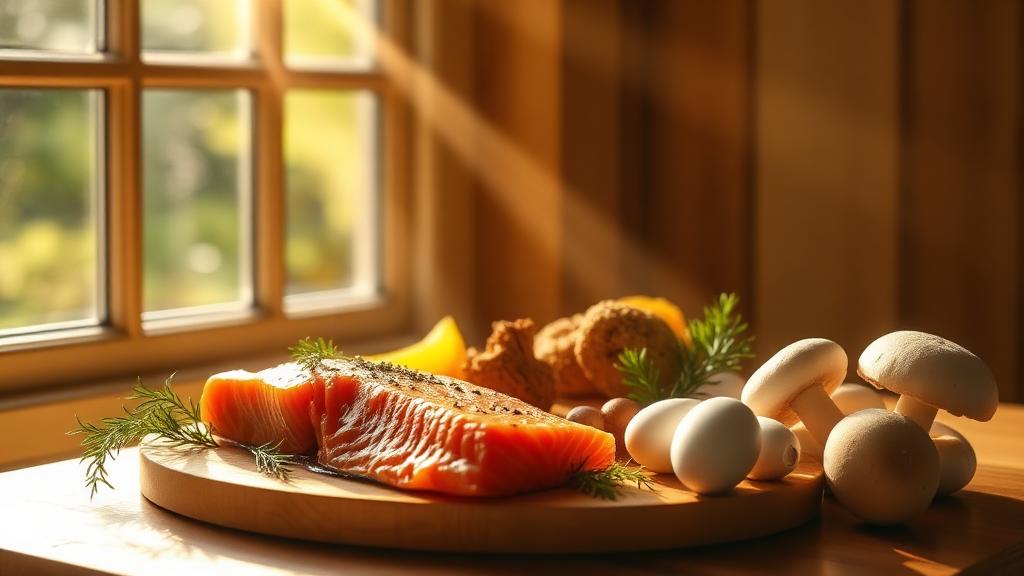 D vitamini kaynağı besinler — somon, yumurta, mantar ve güneş ışığı