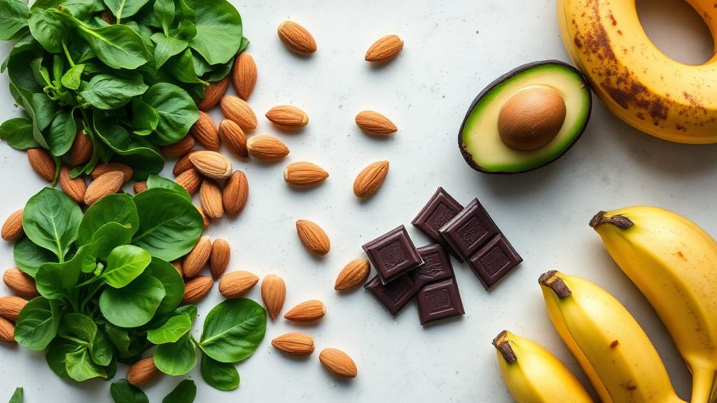 Magnezyum kaynağı doğal besinler — ıspanak, badem, avokado, bitter çikolata ve muz