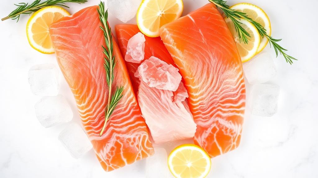 Omega-3 kaynağı taze somon fileto, buz ve limon dilimleri ile